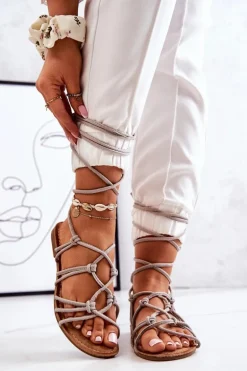 Sandałki Damskie Wiązane Szare Negros