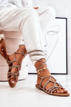 Sandałki Damskie Wiązane Szare Negros