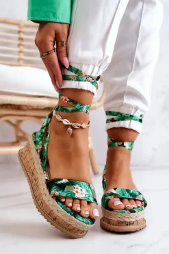Sandałki Espadryle Na Koturnie Zielone Kwiaty Roxanne
