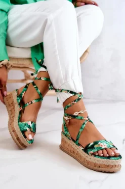 Sandałki Espadryle Na Koturnie Zielone Kwiaty Roxanne