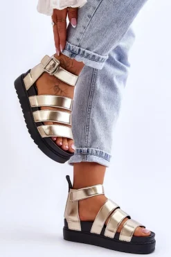 Sandałki Na Masywnej Platformie Złote Lisbona