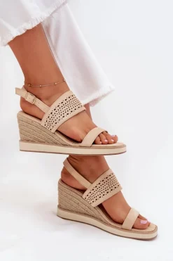 Sandały Damskie Ażurowe Na Koturnie Z Plecionką Beżowe Zolira
