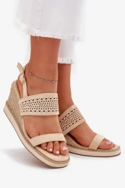 Sandały Damskie Ażurowe Na Koturnie Z Plecionką Beżowe Zolira