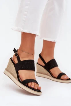 Sandały Damskie Ażurowe Na Koturnie Z Plecionką Czarne Zolira