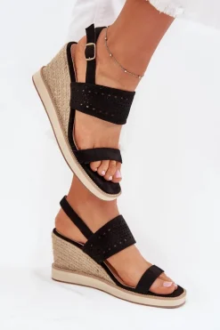 Sandały Damskie Ażurowe Na Koturnie Z Plecionką Czarne Zolira
