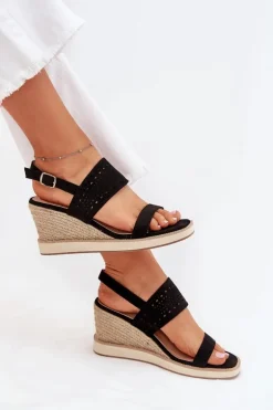 Sandały Damskie Ażurowe Na Koturnie Z Plecionką Czarne Zolira