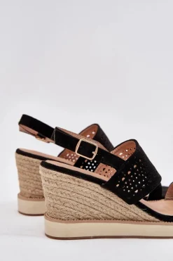 Sandały Damskie Ażurowe Na Koturnie Z Plecionką Czarne Zolira