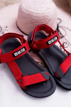 Sandały Damskie Big Star Na Rzepy Czerwone DD274A284