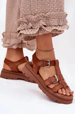 Sandały Damskie Eko Skórzane Z Klamrami Camel Jeneliena