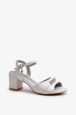 Sandały Damskie Eko Skórzane Na Słupku Z Ozdobami Srebrne Narhi