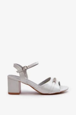 Sandały Damskie Eko Skórzane Na Słupku Z Ozdobami Srebrne Narhi