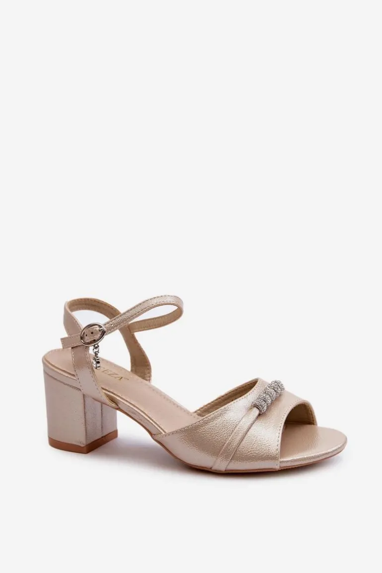 Sandały Damskie Eko Skórzane Na Słupku Z Ozdobami Złote Narhi