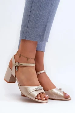 Sandały Damskie Eko Skórzane Na Słupku Z Ozdobami Złote Narhi