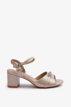 Sandały Damskie Eko Skórzane Na Słupku Z Ozdobami Złote Narhi