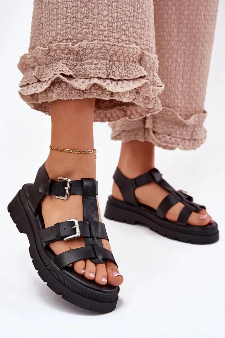 Sandały Damskie Eko Skórzane Z Klamrami Czarne Jeneliena