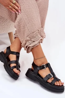 Sandały Damskie Eko Skórzane Z Klamrami Czarne Jeneliena