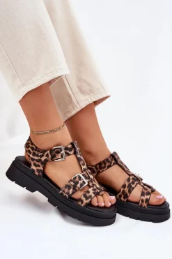 Sandały Damskie Eko Skórzane Z Klamrami Panterka Jeneliena