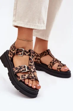 Sandały Damskie Eko Skórzane Z Klamrami Panterka Jeneliena