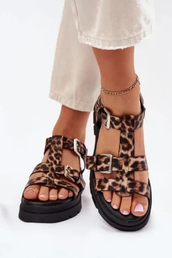 Sandały Damskie Eko Skórzane Z Klamrami Panterka Jeneliena