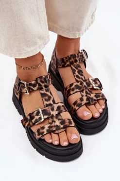 Sandały Damskie Eko Skórzane Z Klamrami Panterka Jeneliena