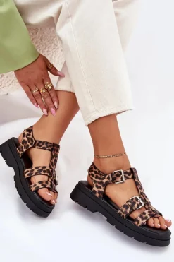 Sandały Damskie Eko Skórzane Z Klamrami Panterka Jeneliena