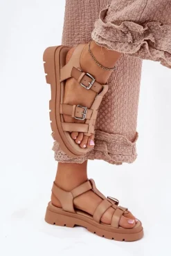 Sandały Damskie Eko Skórzane Z Klamrami Khaki Jeneliena