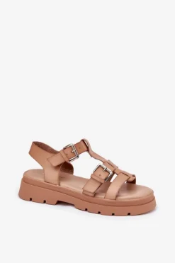 Sandały Damskie Eko Skórzane Z Klamrami Khaki Jeneliena