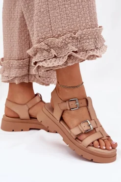 Sandały Damskie Eko Skórzane Z Klamrami Khaki Jeneliena