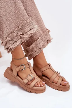 Sandały Damskie Eko Skórzane Z Klamrami Khaki Jeneliena