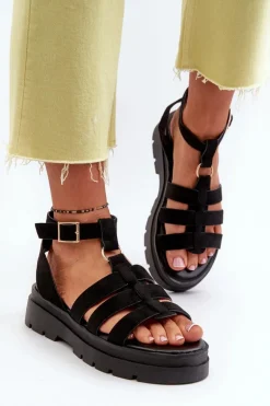 Sandały Damskie Gladiatorki Z Eko Zamszu Czarne Dorameia