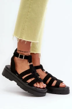 Sandały Damskie Gladiatorki Z Eko Zamszu Czarne Dorameia
