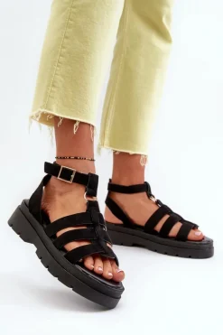 Sandały Damskie Gladiatorki Z Eko Zamszu Czarne Dorameia