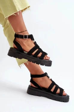 Sandały Damskie Gladiatorki Z Eko Zamszu Czarne Dorameia