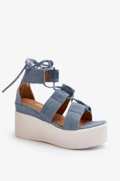 Sandały Damskie Jeansowe Wiązane Niebieskie Helavi