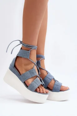 Sandały Damskie Jeansowe Wiązane Niebieskie Helavi