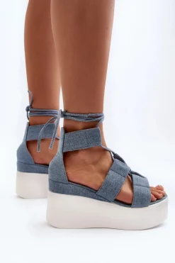 Sandały Damskie Jeansowe Wiązane Niebieskie Helavi