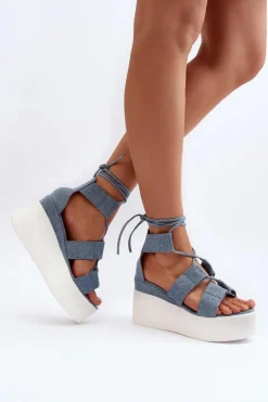 Sandały Damskie Jeansowe Wiązane Niebieskie Helavi