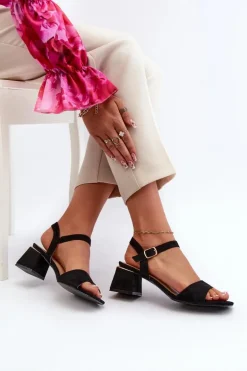 Sandały Damskie Na Klocku Z Eko Zamszu Czarne Leisha