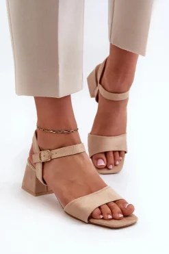 Sandały Damskie Na Klocku Z Eko Zamszu Beżowe Leisha