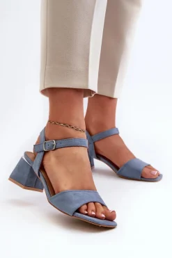 Sandały Damskie Na Klocku Z Eko Zamszu Niebieskie Leisha