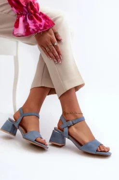 Sandały Damskie Na Klocku Z Eko Zamszu Niebieskie Leisha