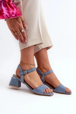 Sandały Damskie Na Klocku Z Eko Zamszu Niebieskie Leisha
