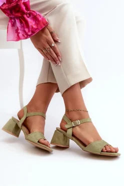 Sandały Damskie Na Klocku Z Eko Zamszu Zielone Leisha