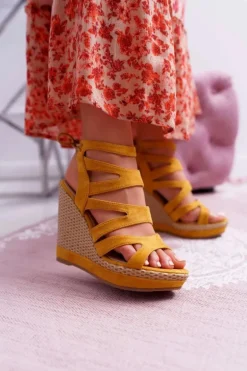 Sandały Damskie Na Koturnie Sznurek Żółte Liluena