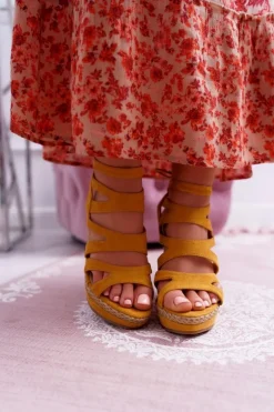 Sandały Damskie Na Koturnie Sznurek Żółte Liluena