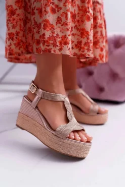 Sandały Damskie Na Koturnie Sznurek Champagne Larone