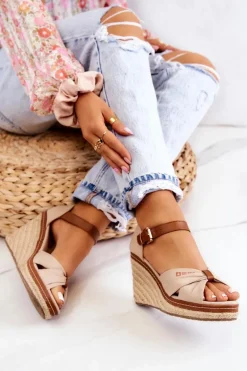 Sandały Damskie Na Koturnie Big Star JJ274939 Beżowe