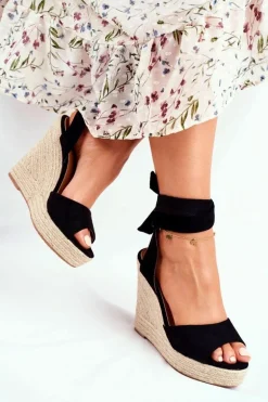 Sandały Damskie Na Koturnie Wiązane Czarne Belleza