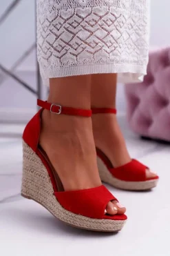 Sandały Damskie Na Koturnie Espadryle Czerwone Trame