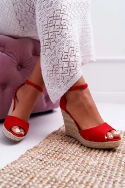 Sandały Damskie Na Koturnie Espadryle Czerwone Trame